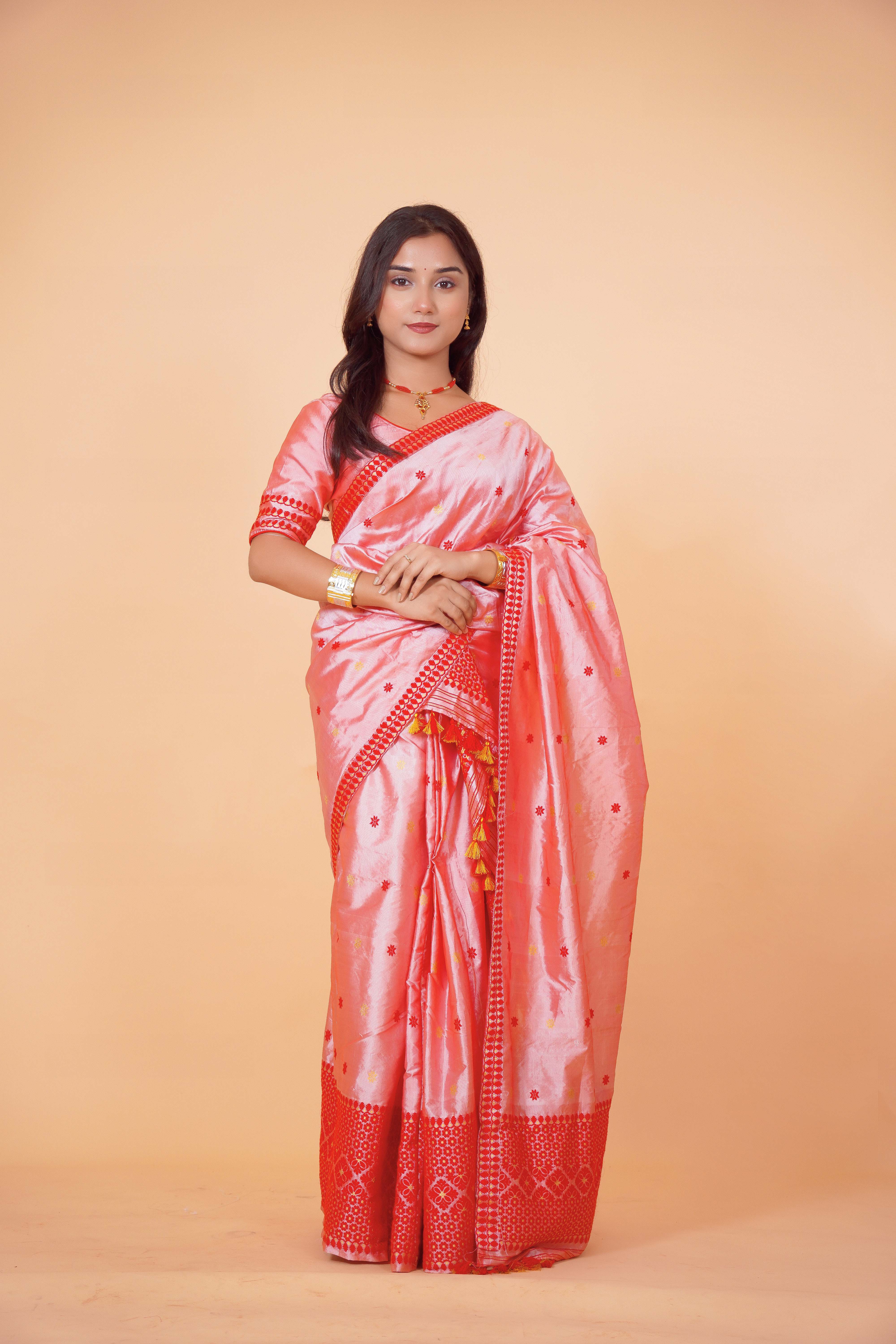 Assam Handmade Peach & Red Mixed Pat Silk Mekhela Chador